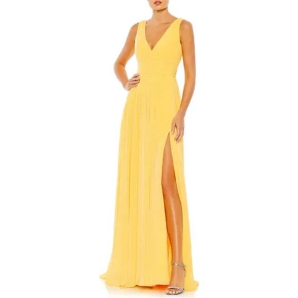 NWT | Mac Duggal 55793 Side Slit Sleeveless Buttercup Yellow Chiffon Gown Sz 2 - Picture 1 of 7